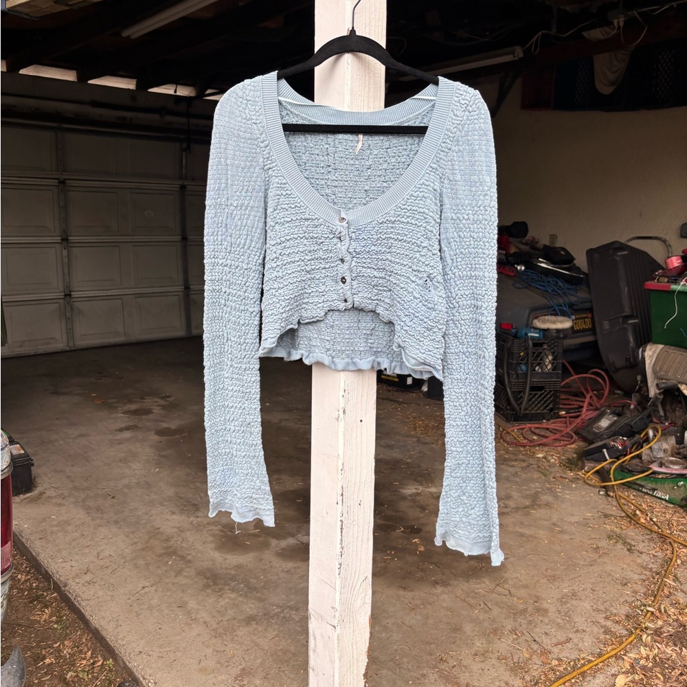 Light Blue Textured Free People Long Sleeve Crop Top
